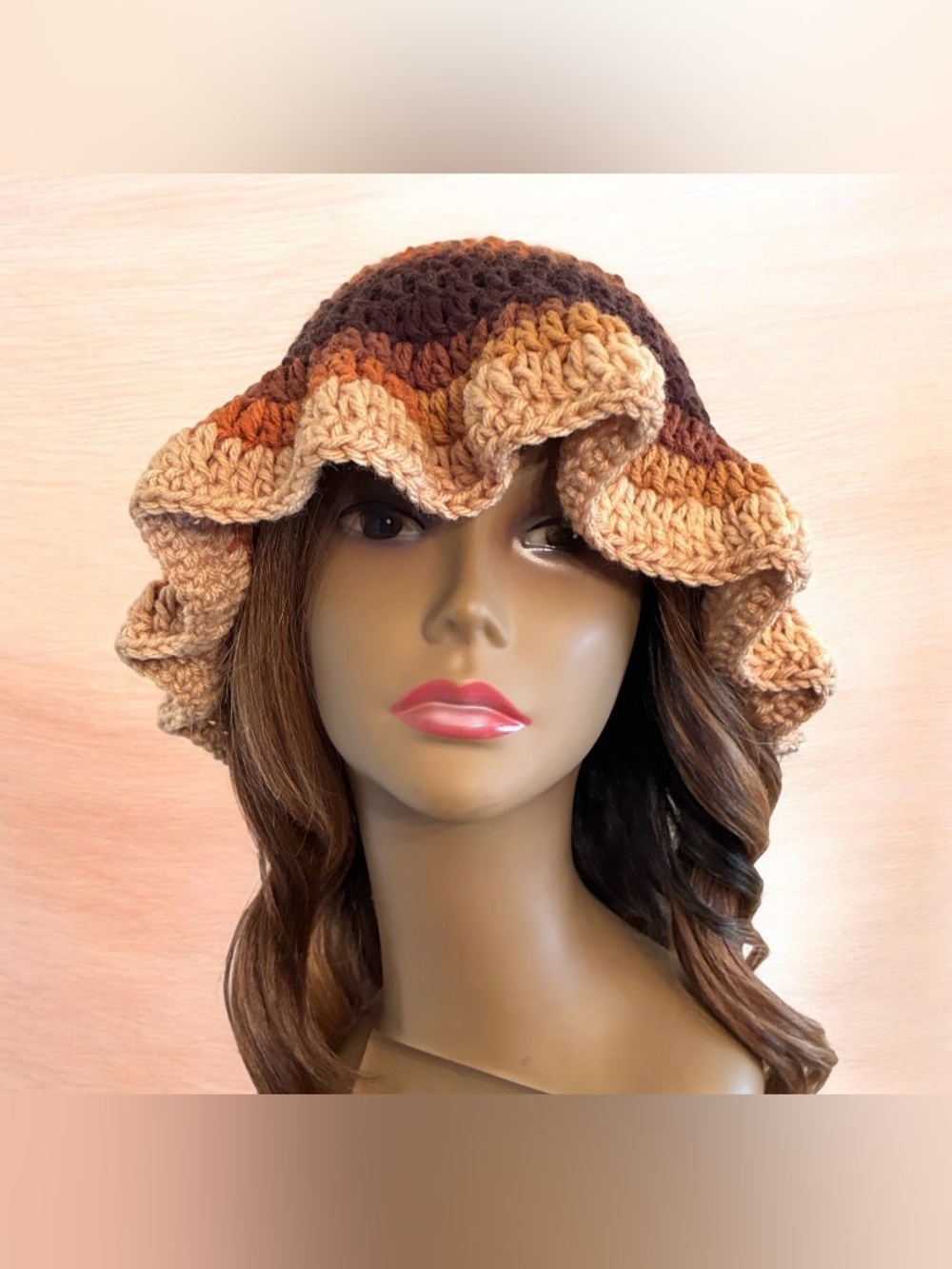 Handmade Crochet Ruffled Bucket Hat - Brown Multi